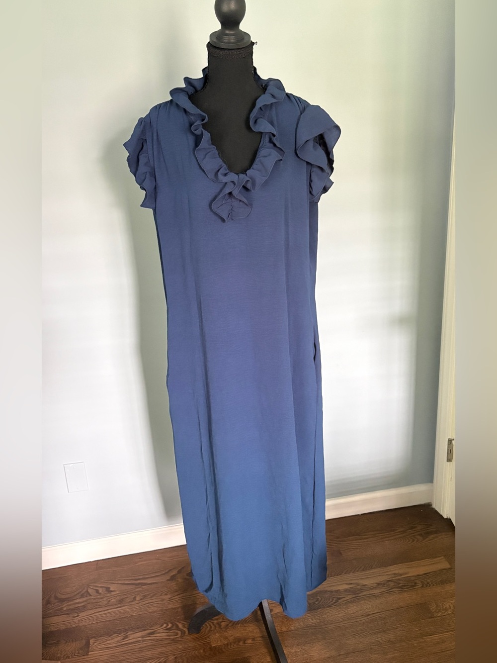 Ruffled V-Neck Maxi Dress in AquaBlue